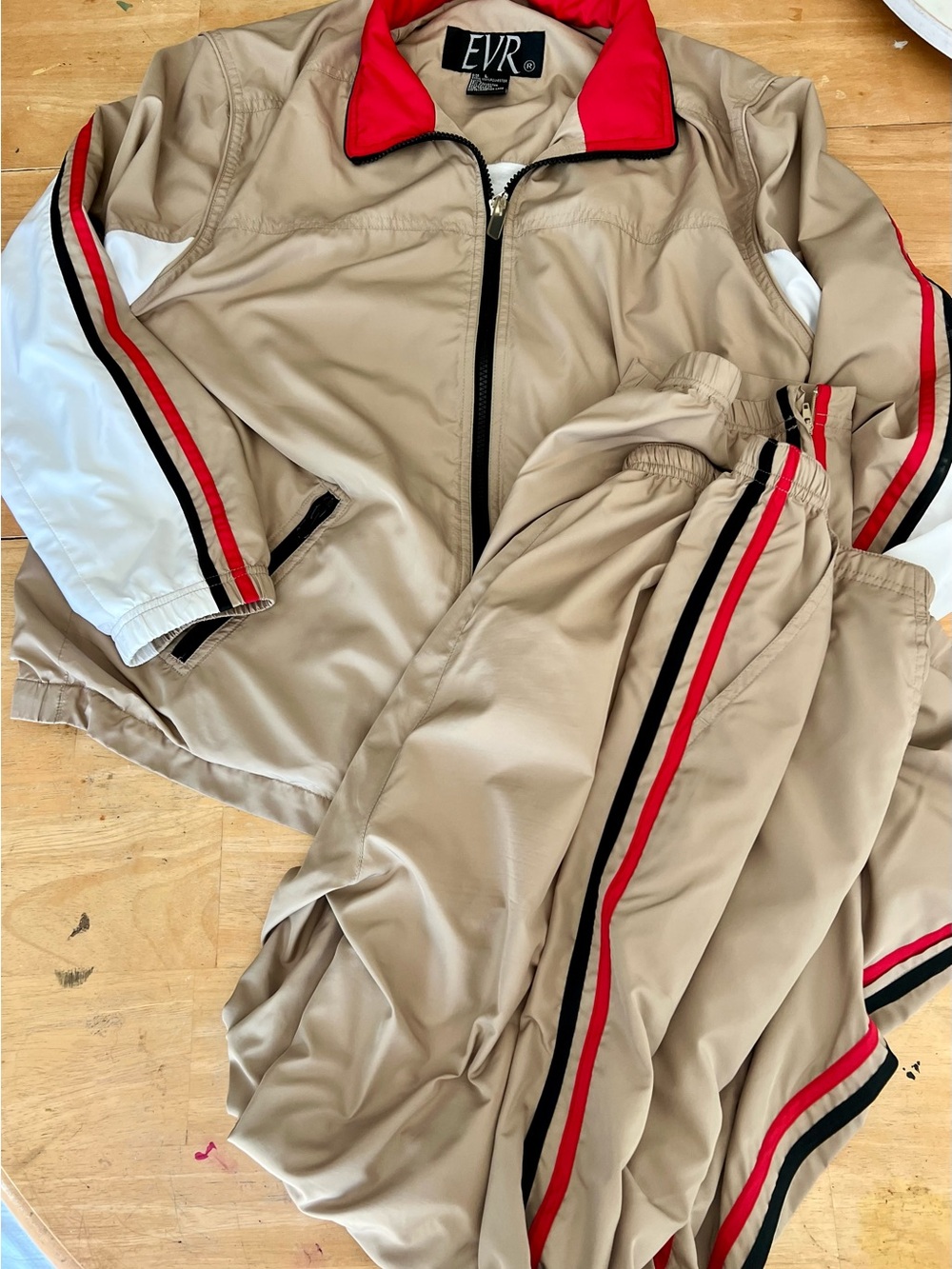 Vintage EVR Beige Bomber Jacket with Red Trim and White Sleeve Panels and pants